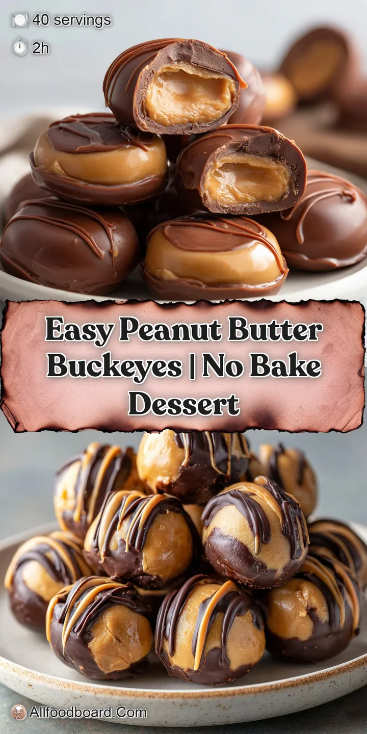 Close-up of a buckeye with drizzles of dark chocolate. The soft peanut butter filling peeks through the smooth, glossy shell.