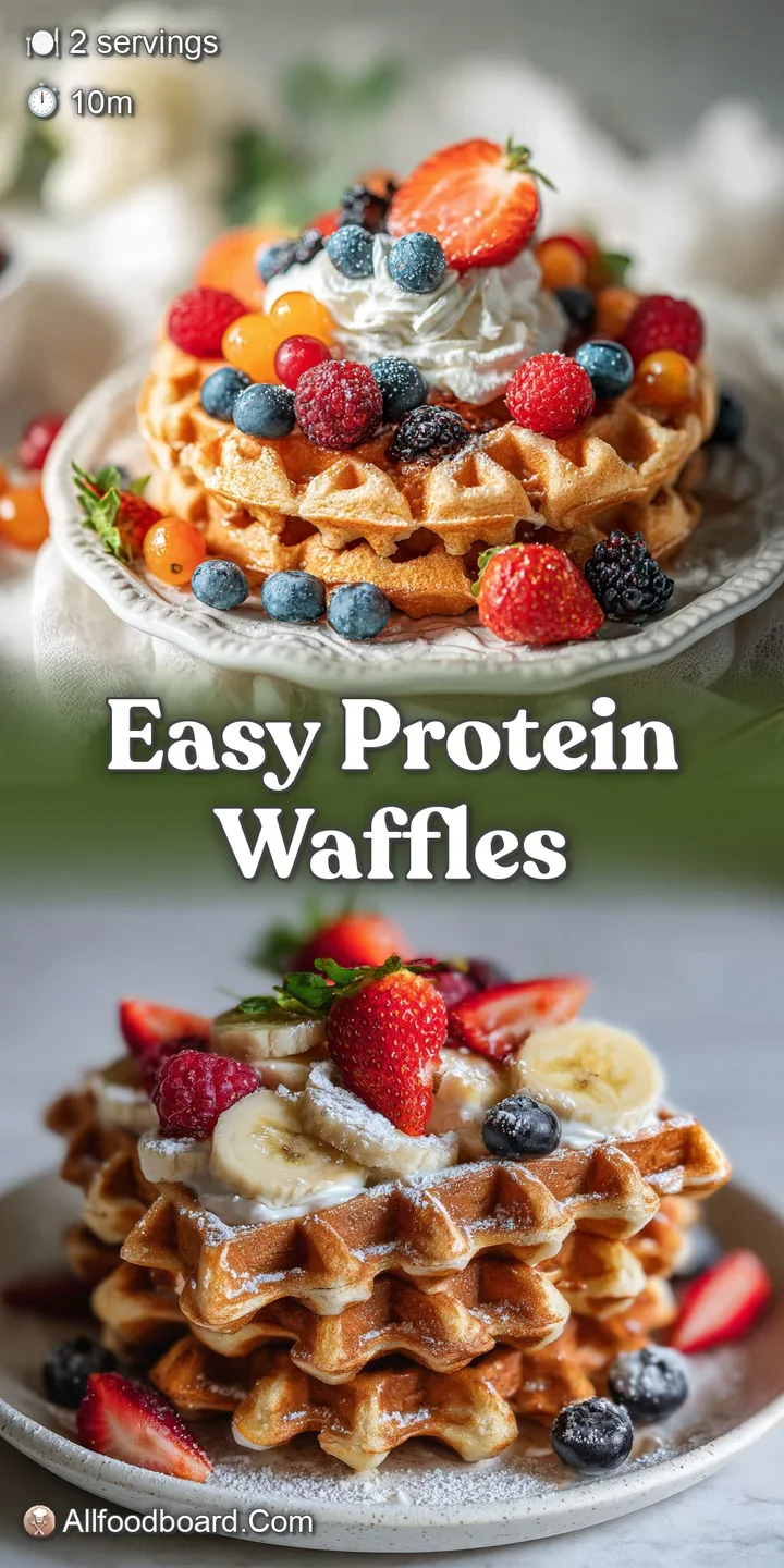 Close-up reveals airy texture of a protein waffle, glistening with syrup and dotted with juicy blueberries. A vibrant, app...