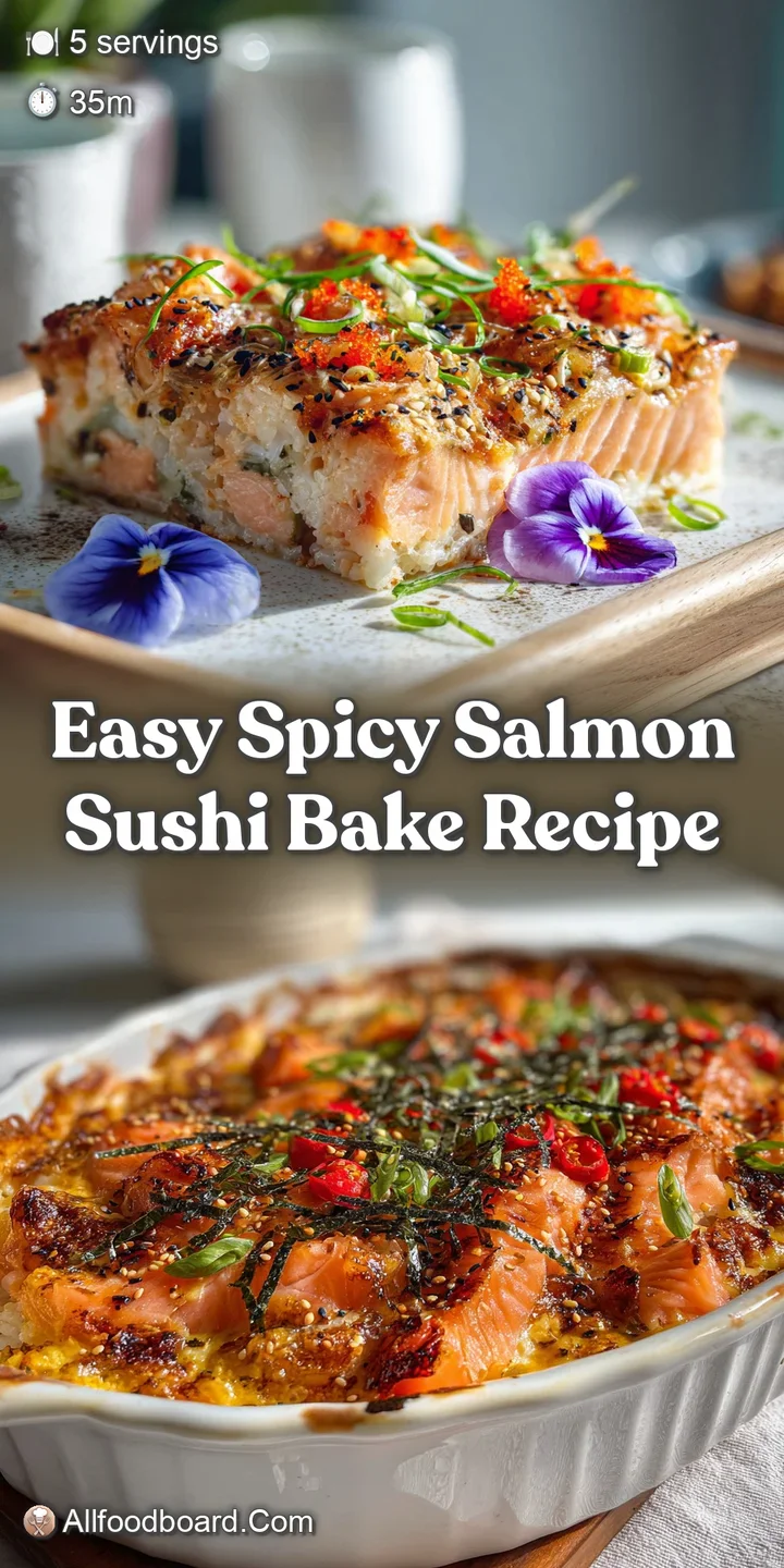 Close-up of a spicy salmon sushi bake, highlighting the flaky salmon, creamy textures, and toasted golden-brown surface wi...
