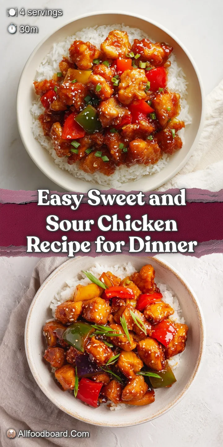 Close-up of glistening sweet and sour chicken. Sticky sauce clings to crispy fried chicken and vibrant diced bell peppers.