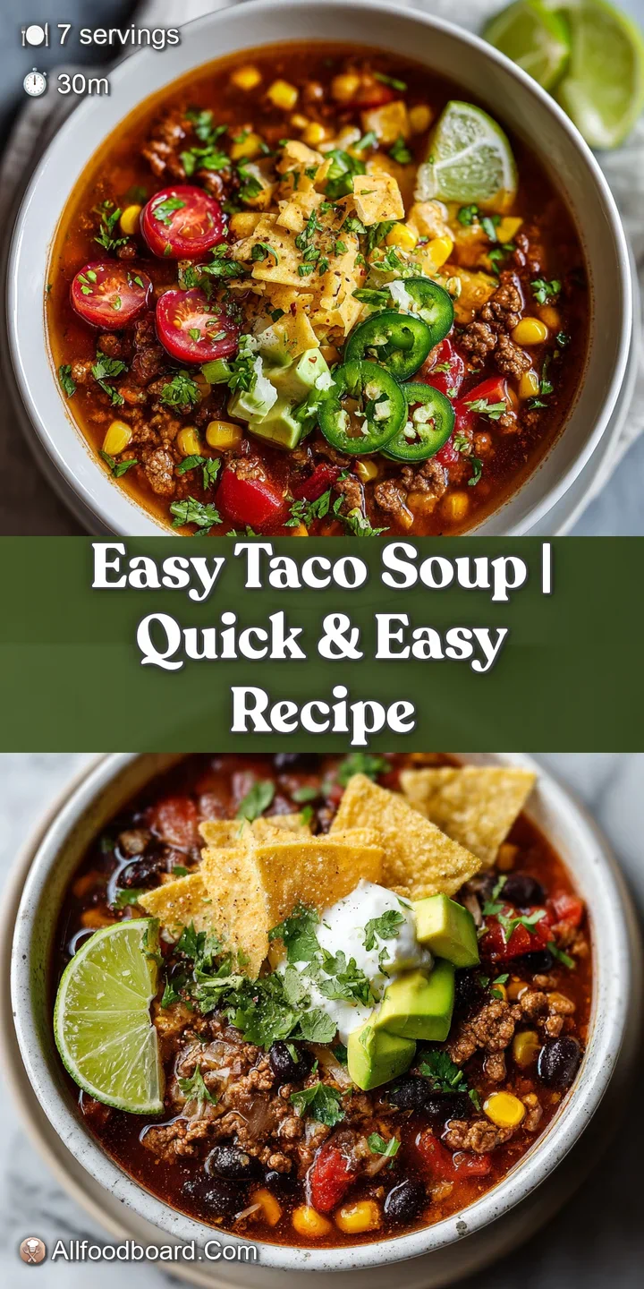Close-up of flavorful taco soup. Notice the bright mix of textures: tender meat, soft beans, crisp tortilla strips, and me...