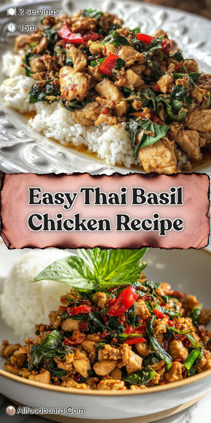 Close-up of glistening Thai basil chicken, showcasing textures of the tender chicken and the vibrant, wilted basil leaves.