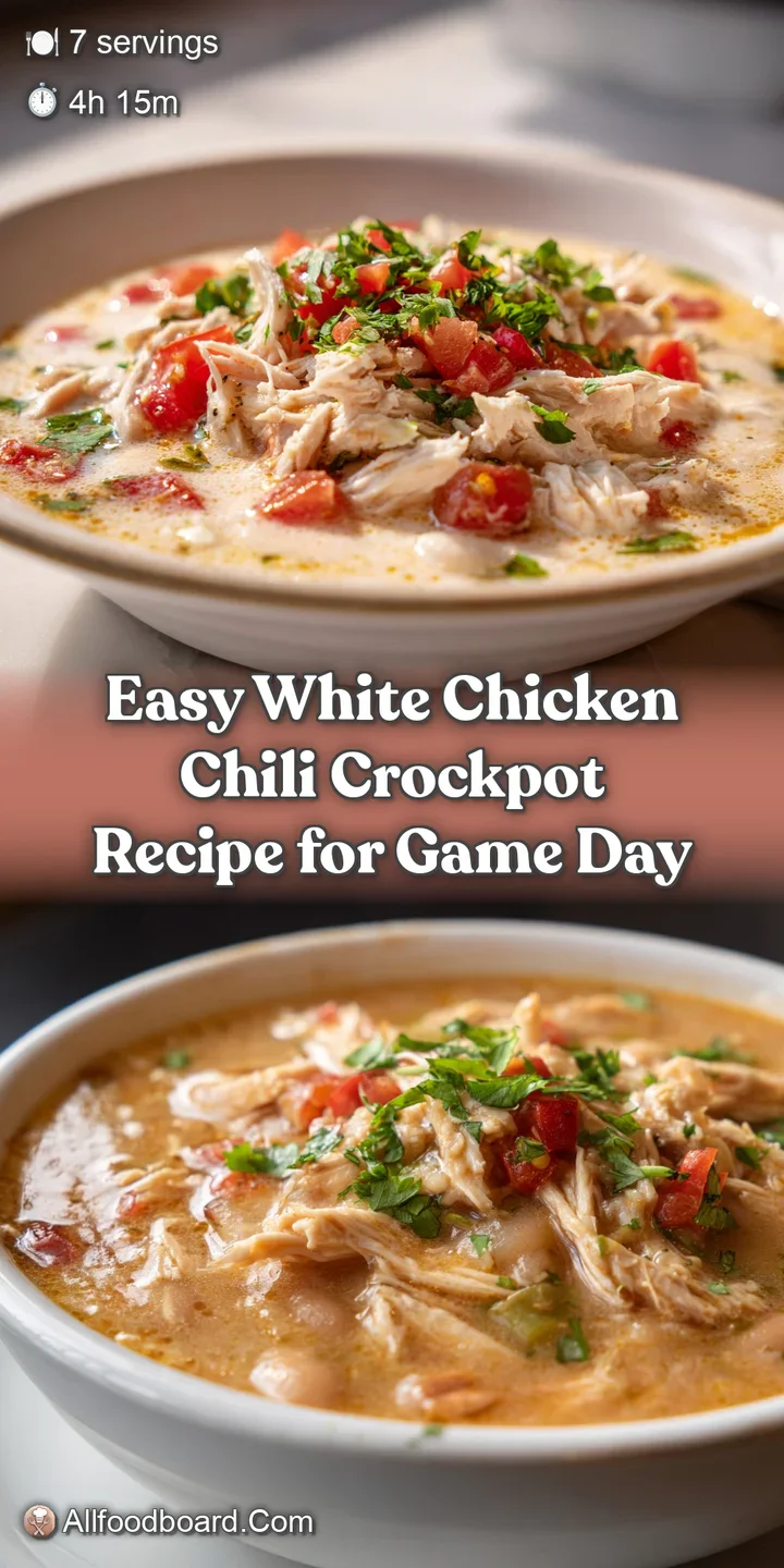 Close-up view of rich, creamy white chicken chili. Diced peppers and tender chicken create a tempting, hearty texture.