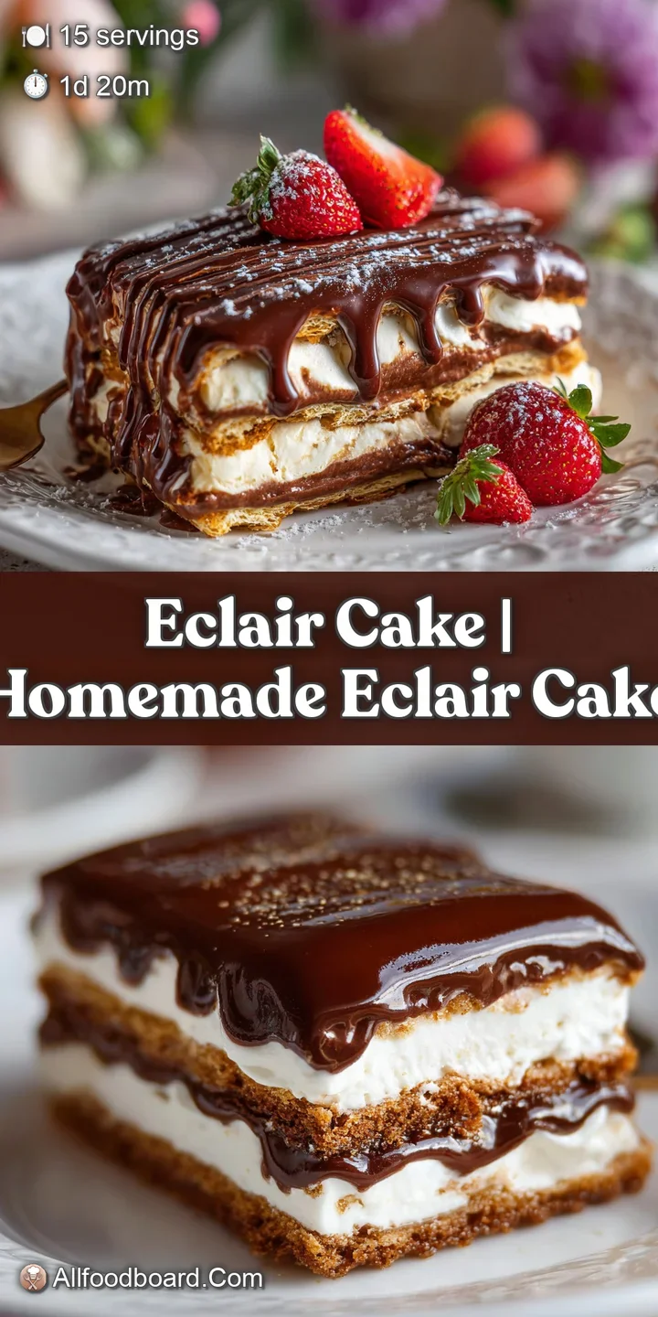 Close-up of no-bake eclair cake showing layers of cream filling, graham crackers, and rich, glossy chocolate frosting.