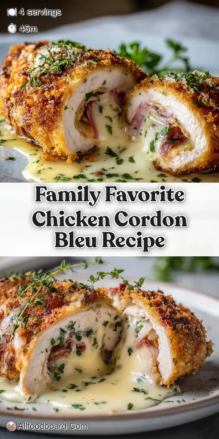 Close-up of a perfectly browned, crisp chicken cordon bleu oozing melted cheese. The filling of ham is visible and looks j...