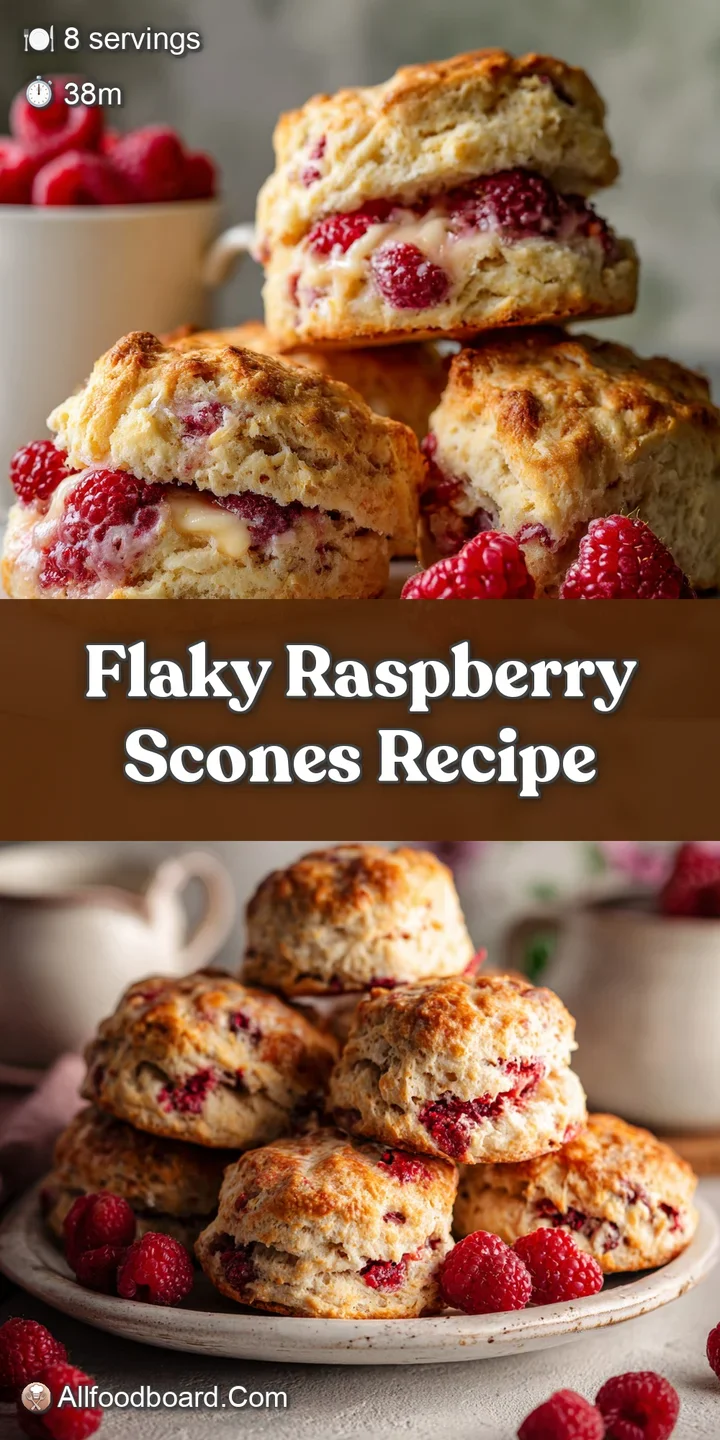 Close-up of a crumbly raspberry scone. Swirls of butter are melting into the soft, golden interior with juicy raspberries.