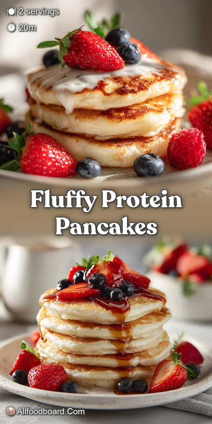 Close-up of fluffy pancakes, showing steam rising and the texture of the berries and yogurt.