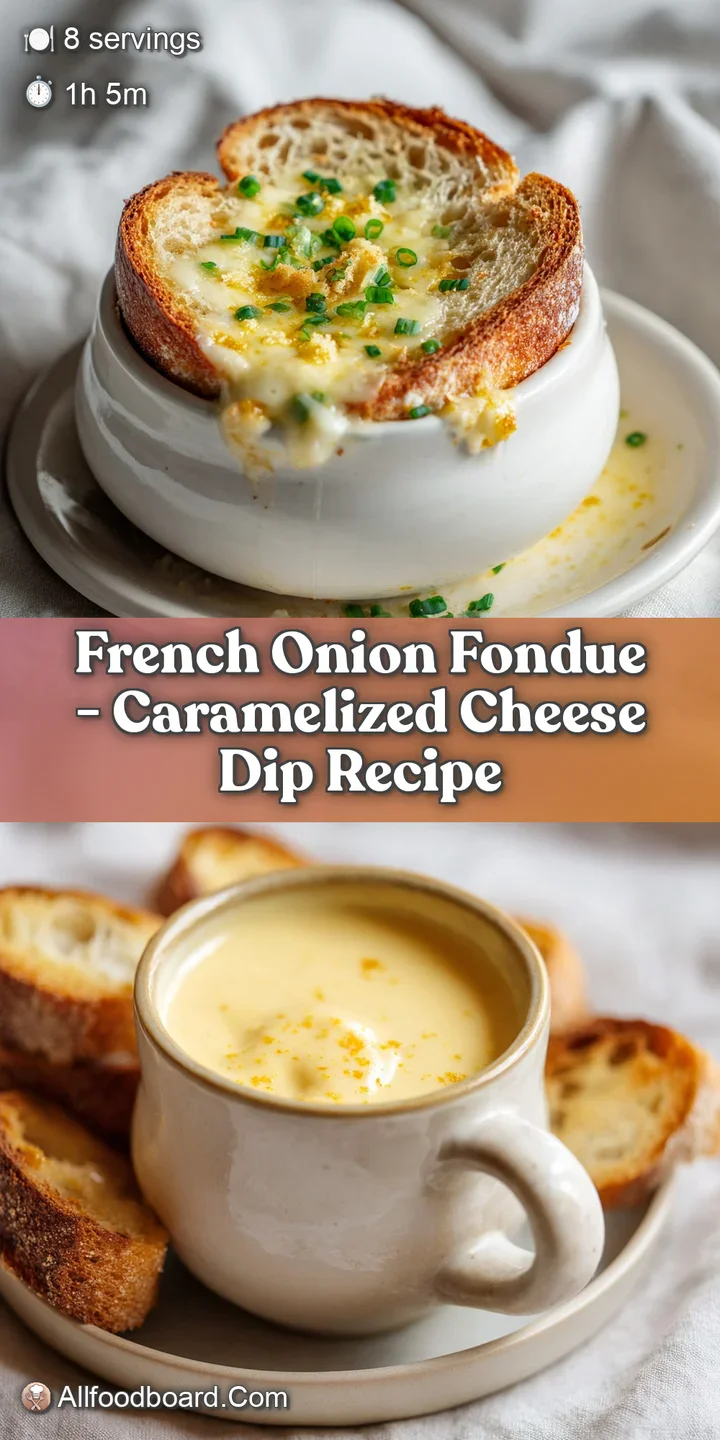 Close-up of melted Gruy&egrave;re cheese bubbling over deeply caramelized onions in a rustic pot.