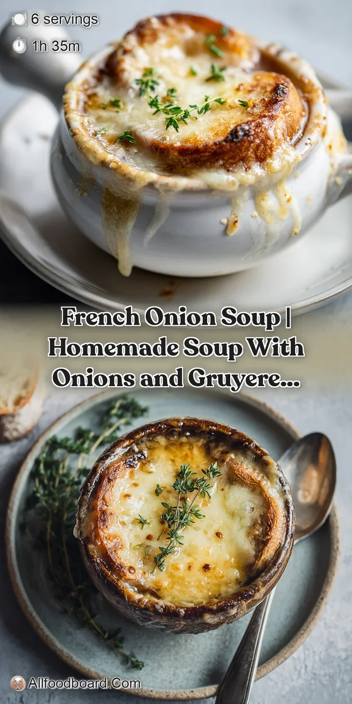 Golden-brown, bubbly Gruy&egrave;re cheese stretching over a steaming bowl of caramelized onion soup.