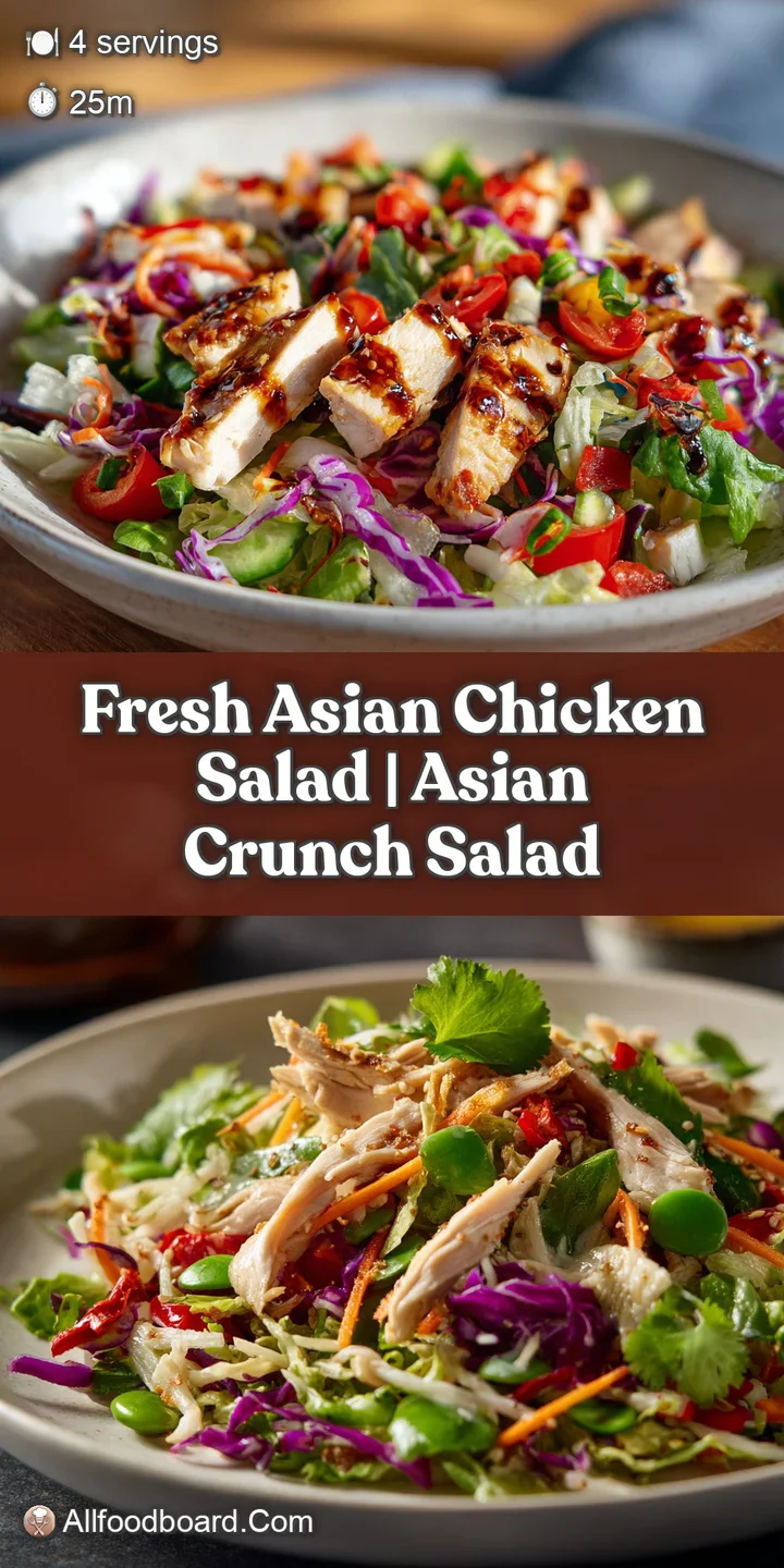 Close-up showcases the juicy chicken, crisp greens, and vibrant mandarin oranges in a refreshing Asian chicken salad. Ligh...