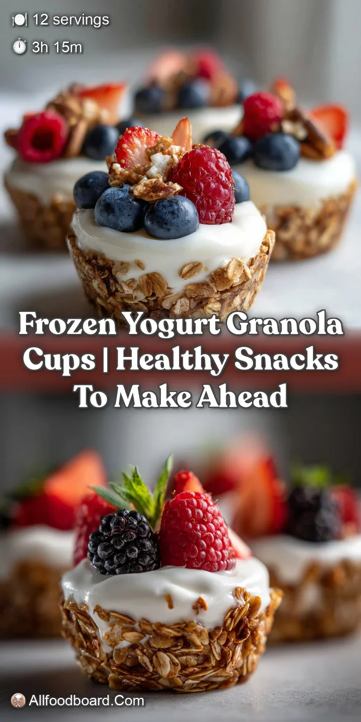 Close-up of a frozen yogurt cup showing the crunchy texture of the granola base and the smooth, frosty yogurt filling.