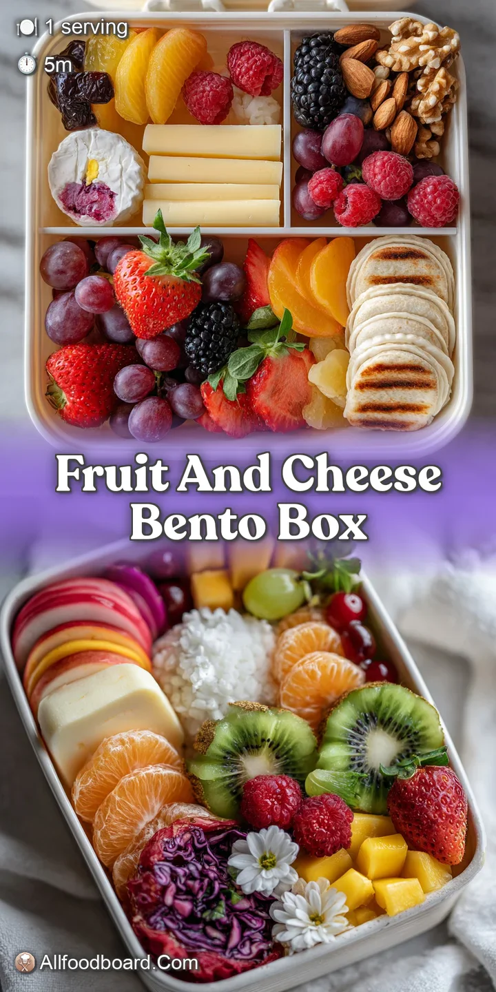 Close-up of a fresh, wholesome fruit and cheese bento box with red strawberries, sharp cheddar, and bright green grapes. A...