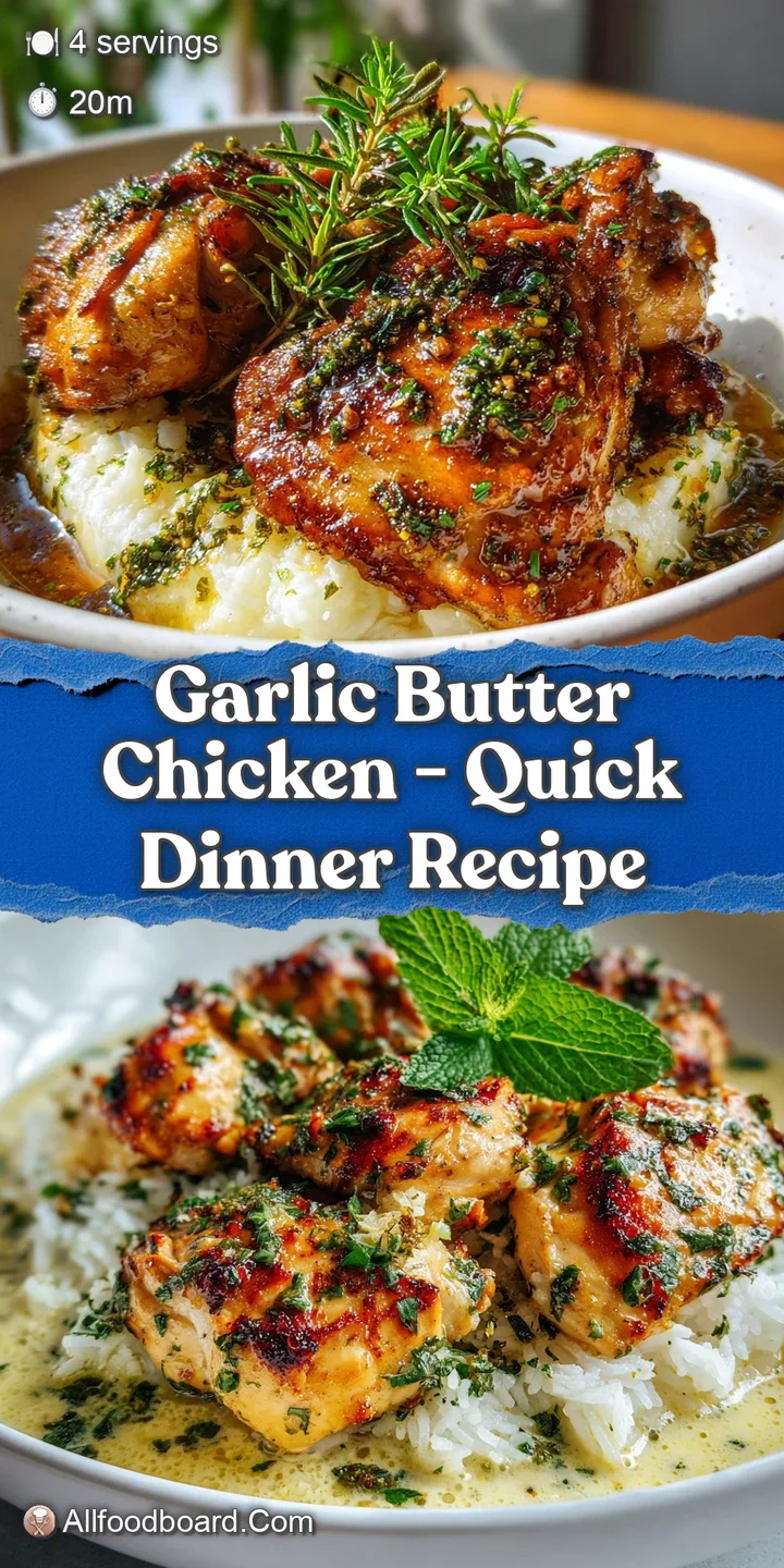 Close-up reveals succulent chicken coated in a glistening, decadent garlic butter sauce. Hints of fresh herbs add visual i...
