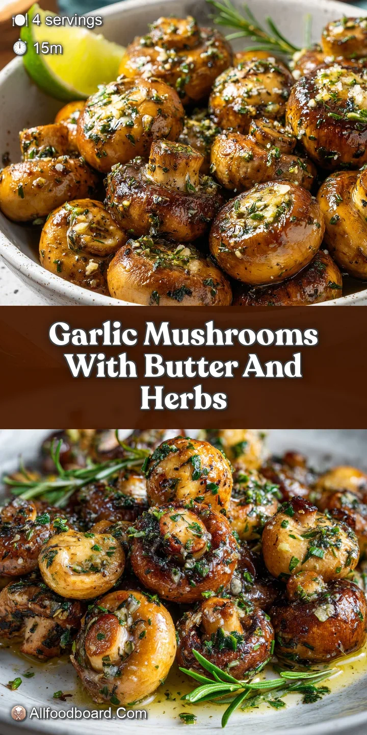 Close-up of plump, juicy garlic mushrooms glistening with melted butter and flecks of fresh herbs. Delicious, earthy flavors.