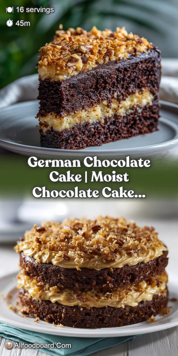 Close-up of rich chocolate cake layers topped with creamy, golden-brown coconut frosting and crunchy pecans.