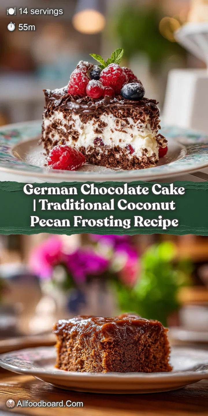 Close-up of a moist chocolate cake slice, studded with crunchy pecans and shredded coconut.