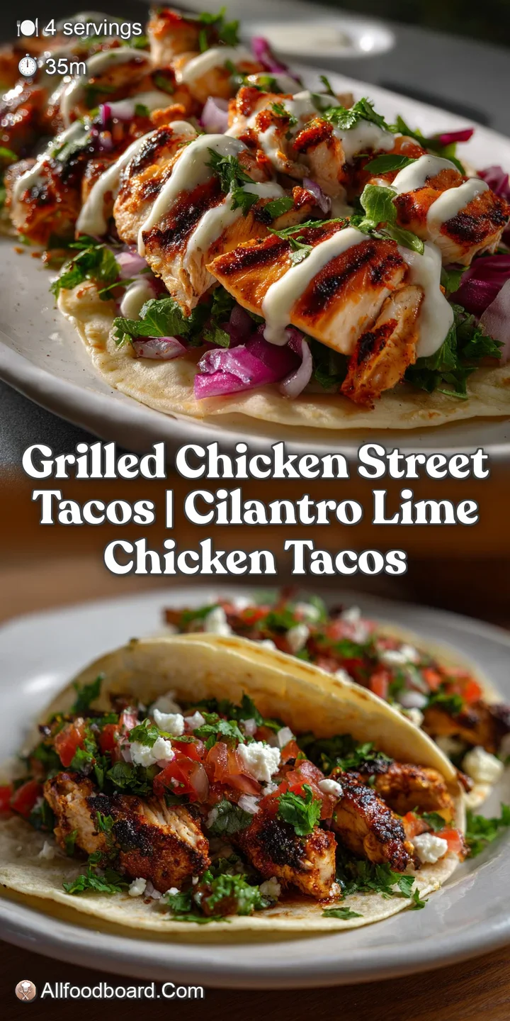 Close-up of a grilled chicken street taco. The smoky, charred chicken contrasts with the freshness of the cilantro, onion,...