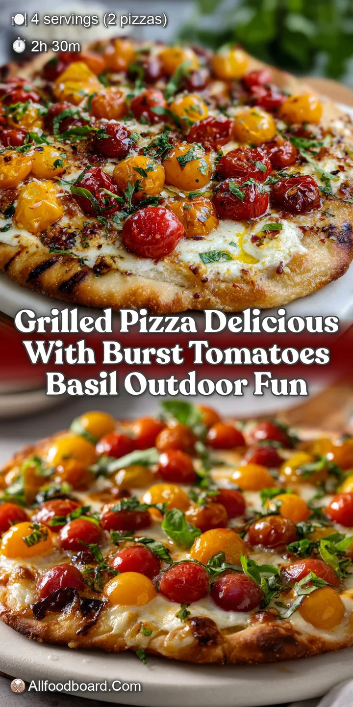 Grilled Pizza delicious with burst tomatoes basil outdoor fun