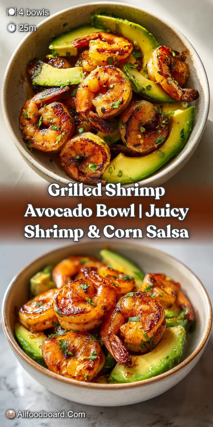 Close-up of glistening charred prawns and creamy avocado slices drizzled with citrus lime and sprinkled with paprika.
