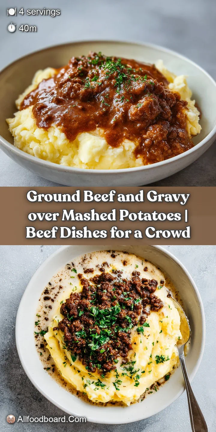 Close-up of tender ground beef nestled in a swirl of smooth mashed potatoes, drizzled with thick, warm gravy.