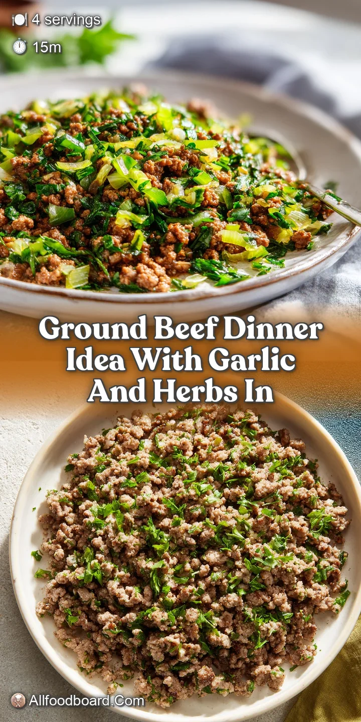 Close-up of glistening, browned ground beef with vibrant green herbs and plump garlic, hinting at savory aromas.