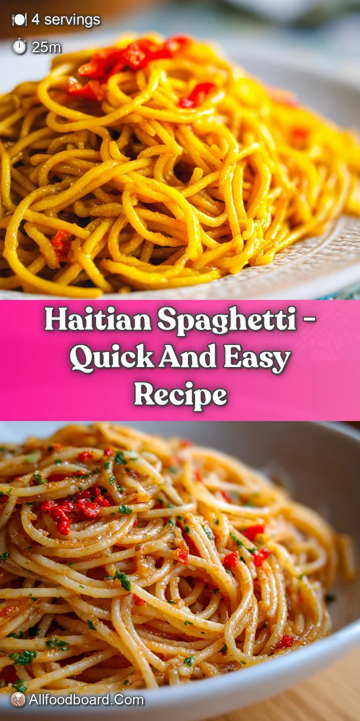 Close-up of flavorful Haitian spaghetti showcasing glistening sauce clinging to the noodles, punctuated by bright peppers ...