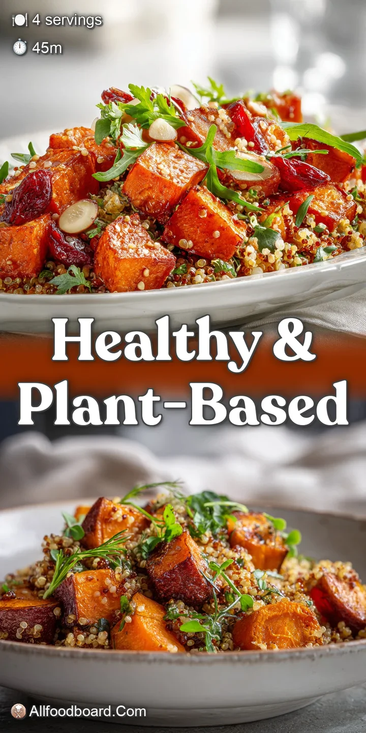 Close-up shows the vibrant textures of quinoa and roasted sweet potatoes. Seasoning and spices create a warm, comforting v...
