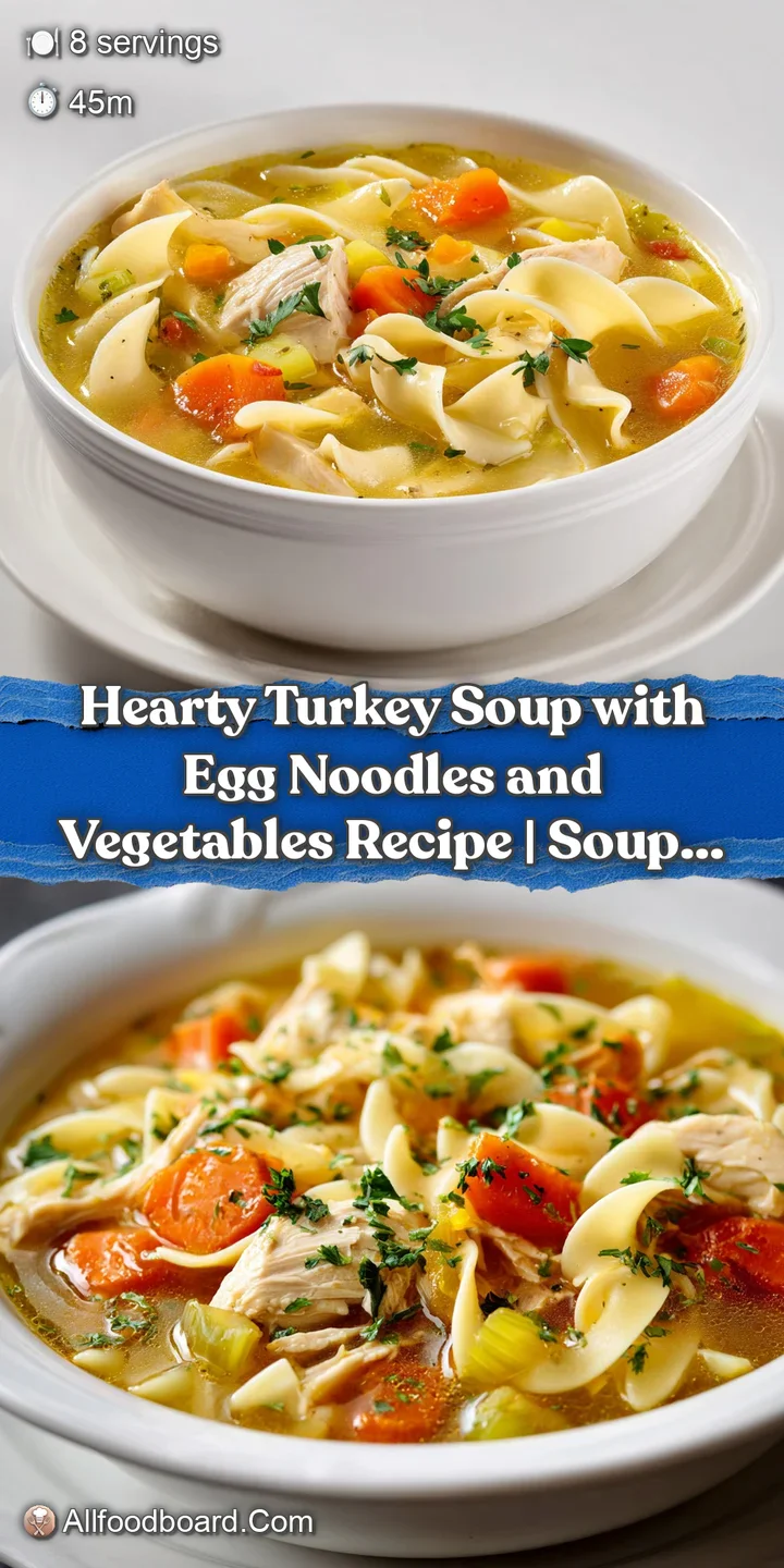 Close-up of a rich turkey soup, showing tender shreds of turkey, soft noodles, and colorful diced vegetables.