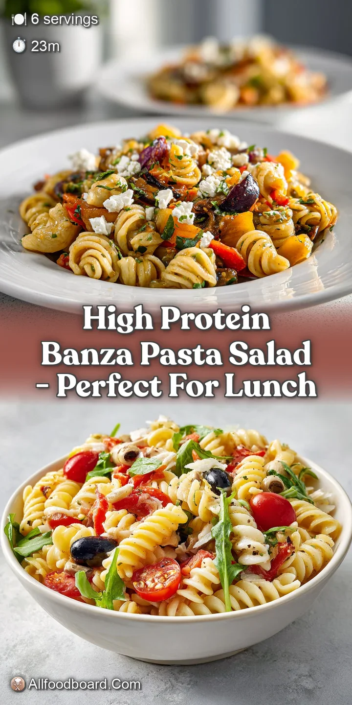 Close-up of protein pasta salad: glistening pasta, juicy tomatoes, & crumbled cheese, highlighting its fresh, vibrant ingr...