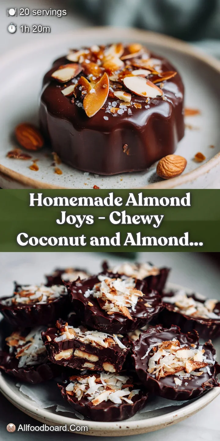 Close-up of a homemade Almond Joy bar revealing layers of moist coconut, crunchy almonds, and a thick, glossy chocolate co...