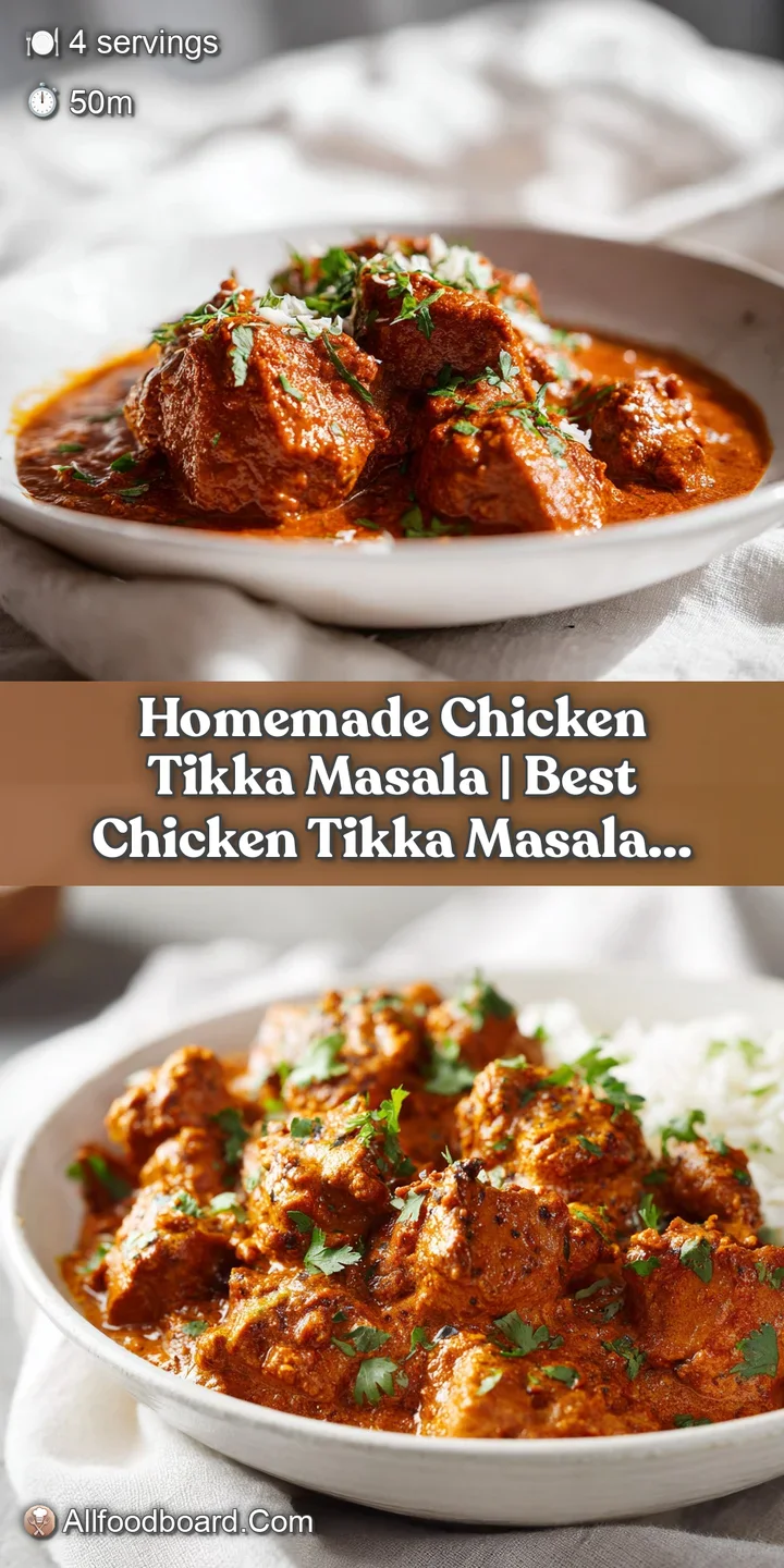 Close-up of succulent, charred chicken tikka bathed in a bright, creamy tomato sauce, glistening under warm light.