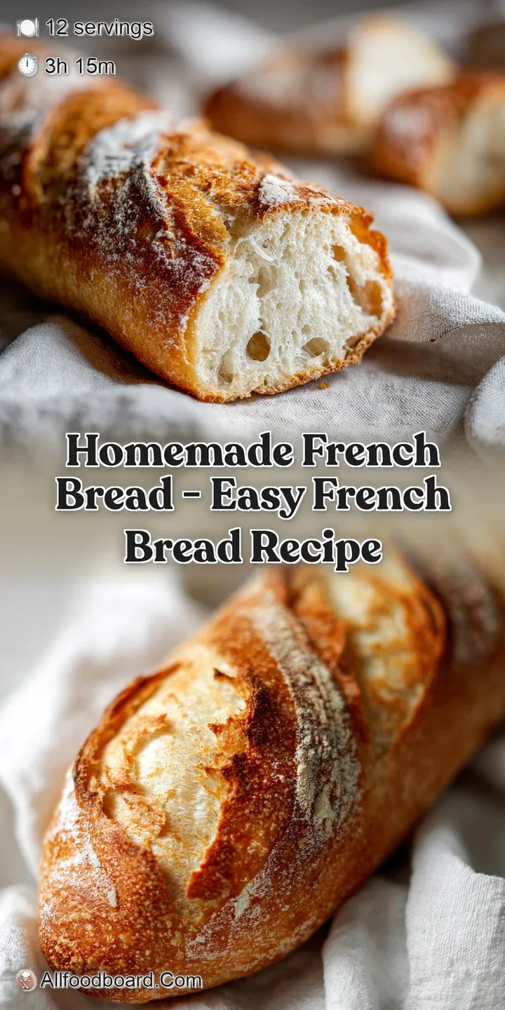 Close-up of the warm French bread showcasing airy holes and a crisp, golden crust. Flour adds a rustic aesthetic.