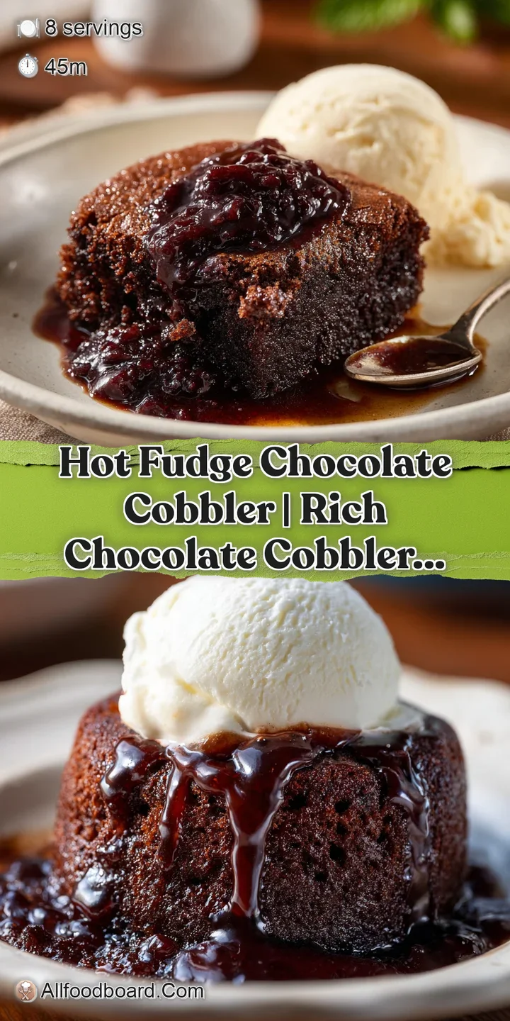 Close-up of rich, gooey chocolate cobbler with molten fudge, showing its moist, decadent texture. Hints of cocoa powder an...