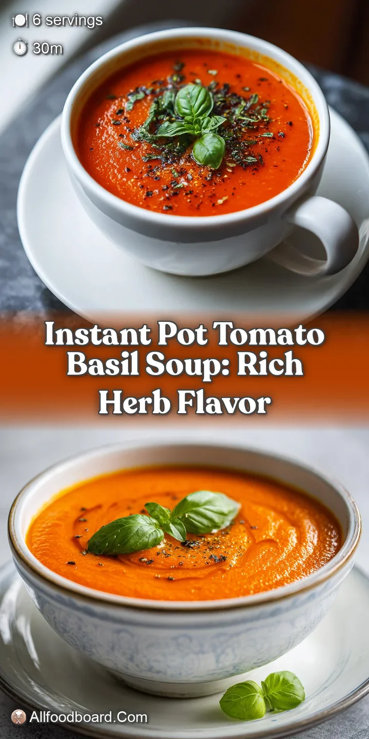 Close-up of rich, red tomato soup with a vibrant green basil swirl. Glistening surface, hinting at creamy, smooth texture.