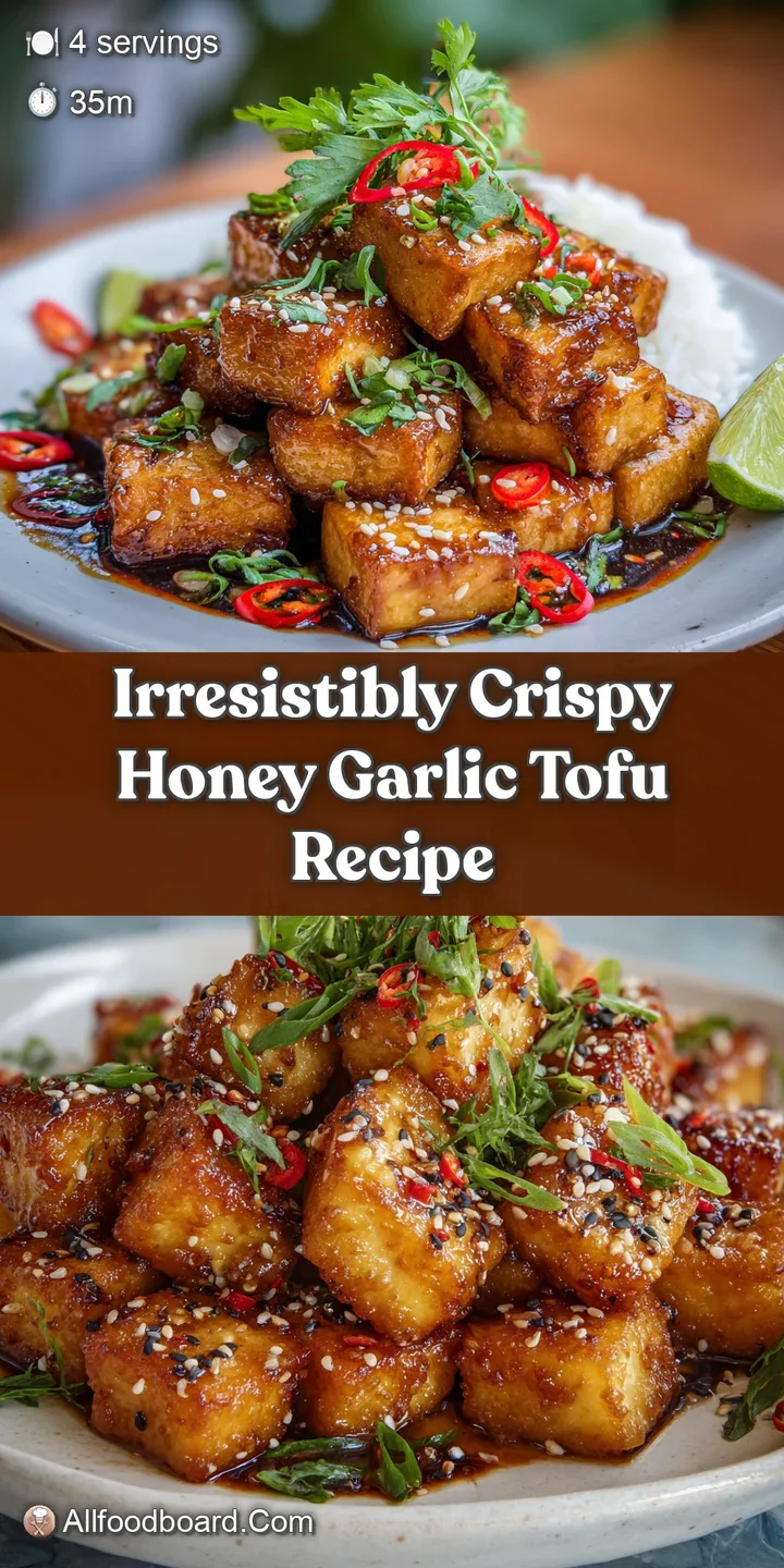 Close-up reveals intensely crispy, caramelized edges of honey garlic tofu, showcasing its sticky, tempting texture and vib...