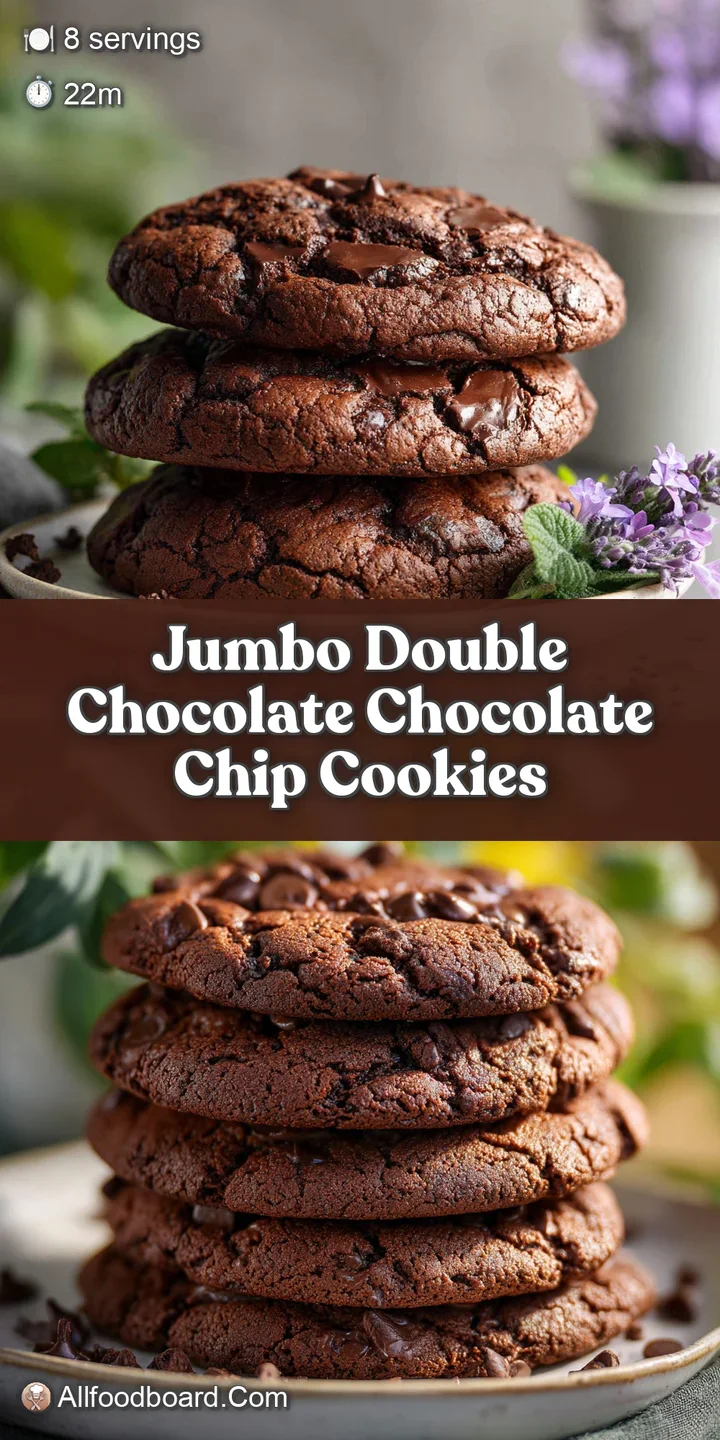 Close-up of a decadent double chocolate chip cookie, warm with melty pools of chocolate. Focus is on its rich, dark color ...