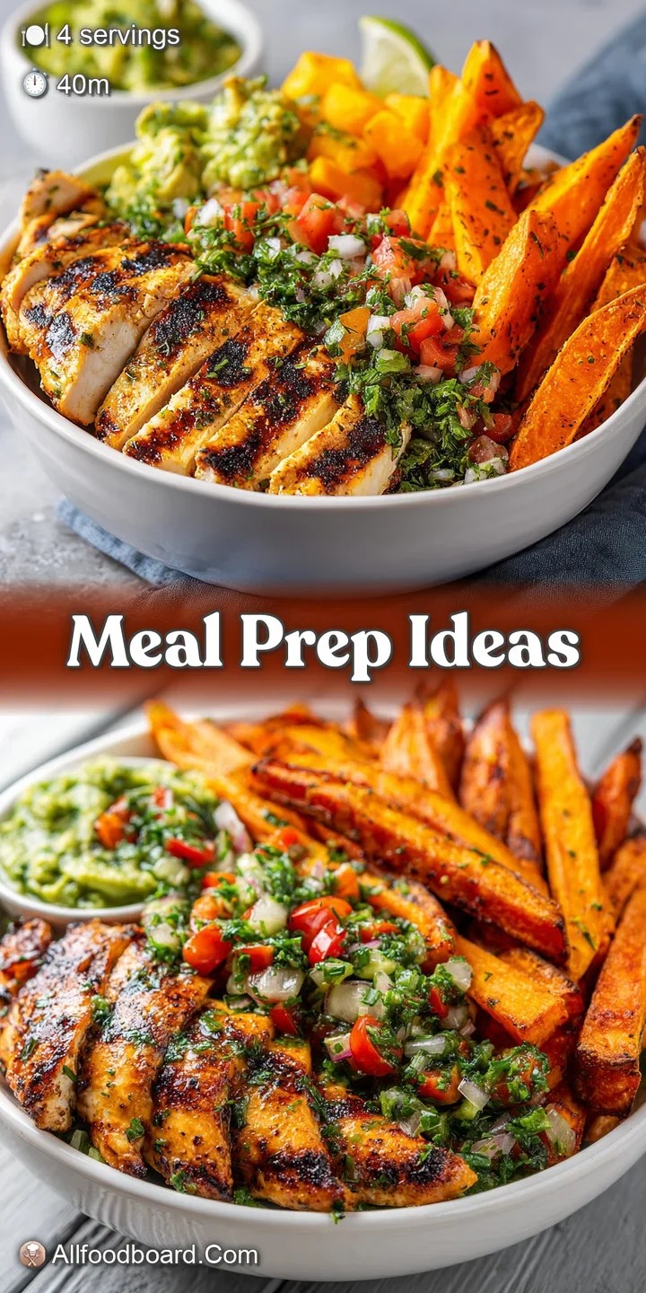 Close-up on the vibrant grilled chicken bowl featuring crispy sweet potato fries and chunks of creamy avocado, showcasing ...