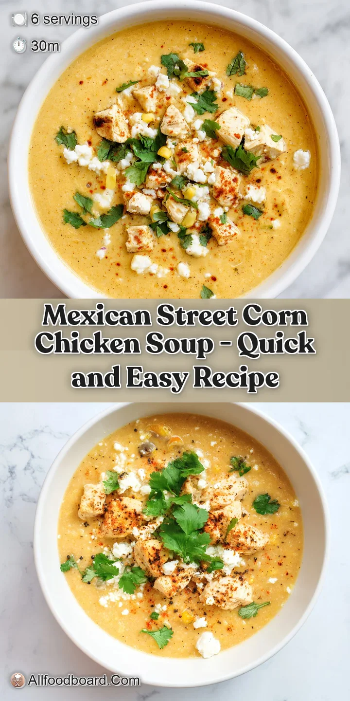 Close-up of golden corn kernels and creamy broth topped with salty white cheese and a dusting of smoky red paprika.