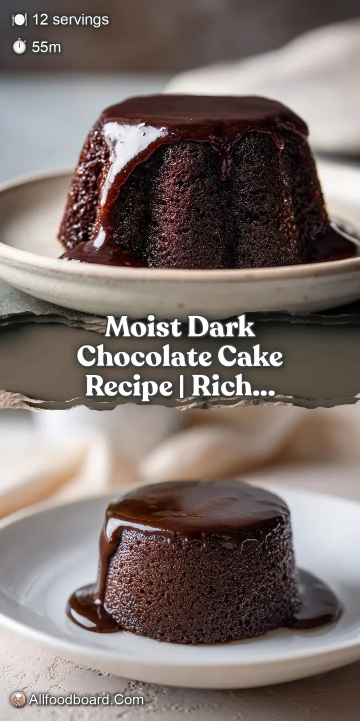 Close-up of intensely dark chocolate cake, glistening with moisture and a rich, fudgy texture.