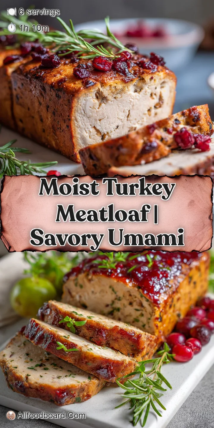 Close-up of a slice of turkey meatloaf, showing its moist texture and savory glaze. Herbs fleck the surface. A delicious a...