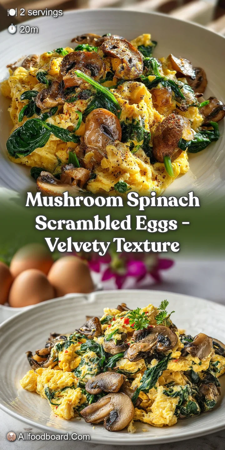 Close-up of glistening scrambled eggs with tender spinach and sliced mushrooms, steaming slightly, hinting at a savory bre...