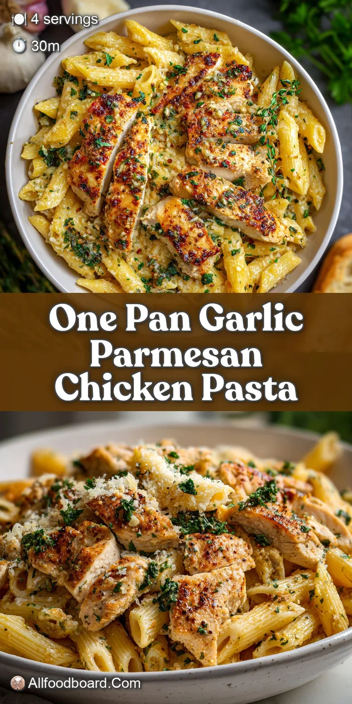 Close-up of glistening garlic parmesan pasta clinging to succulent chicken pieces, speckled with vibrant green parsley fle...