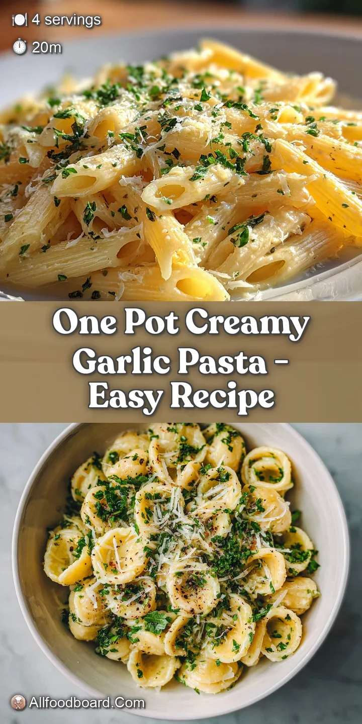 Close-up of glistening pasta strands coated in a creamy sauce, dotted with minced garlic and vibrant green parsley. Inviti...