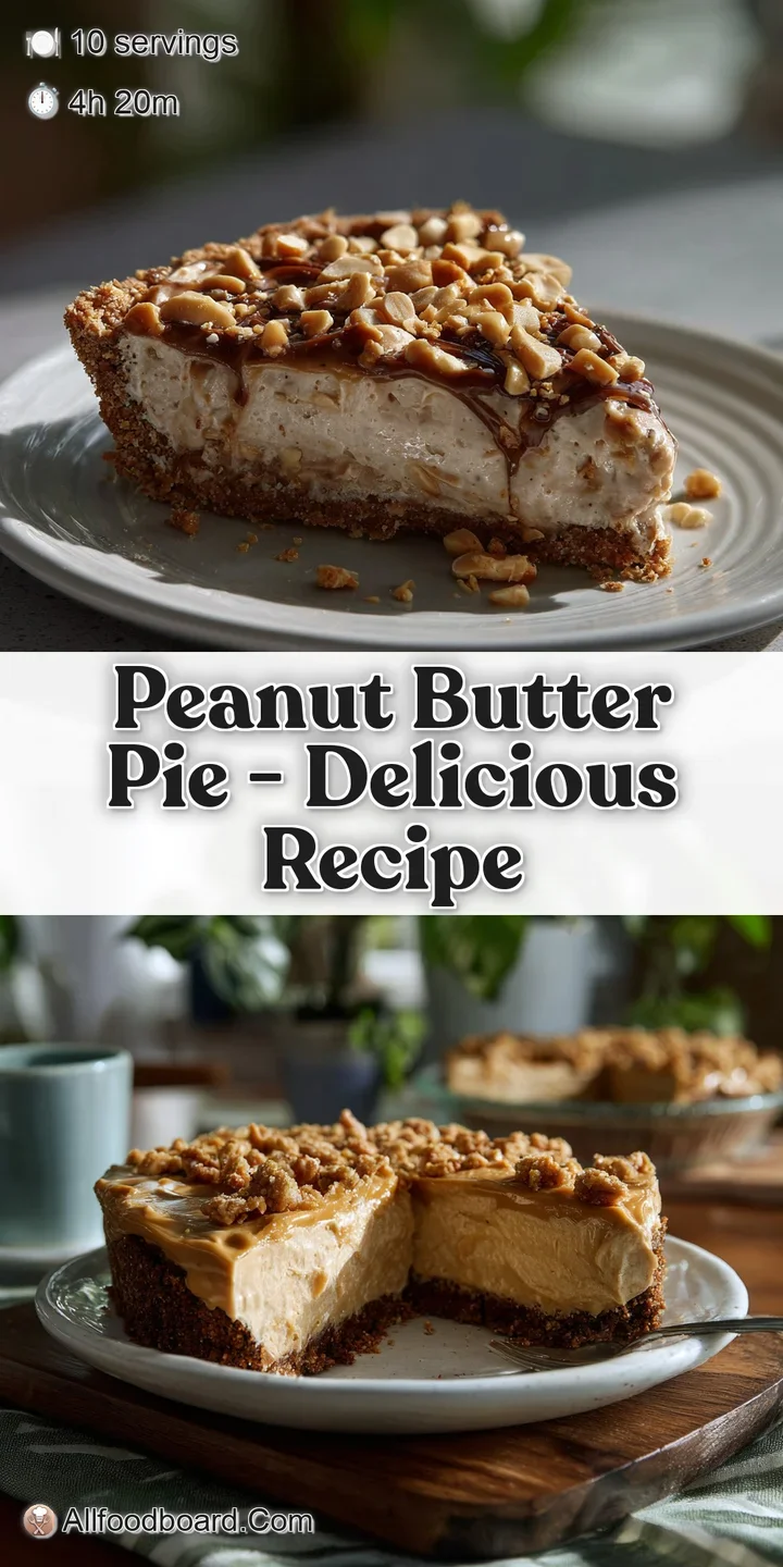 Close-up of rich peanut butter pie, showcasing the smooth filling, crumbly crust, and glistening chocolate drizzle. A temp...