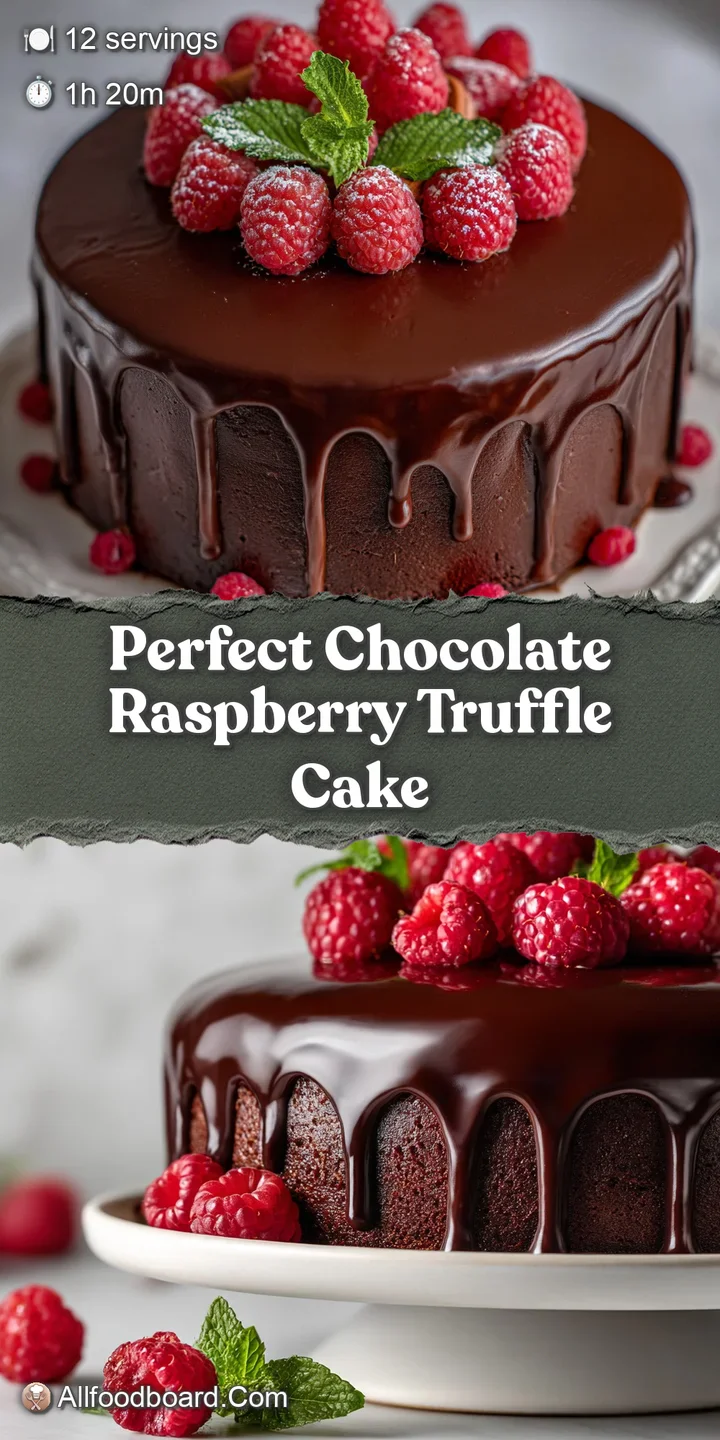 Close-up reveals the moist crumb of dark chocolate cake, complemented by tart raspberries and a smooth, glistening chocola...