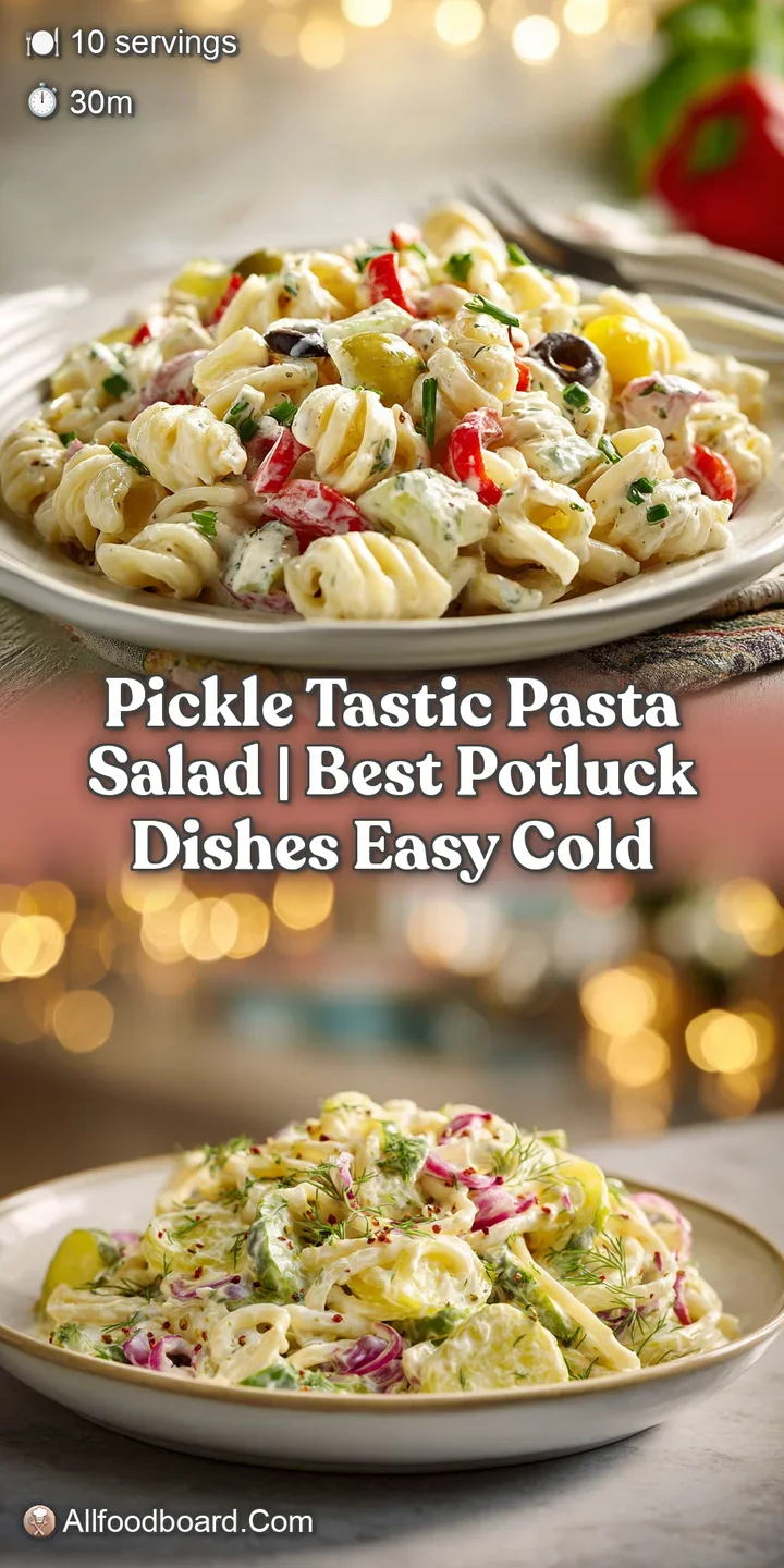 Close-up of cooked pasta coated in creamy dressing, dotted with crisp pickle pieces.