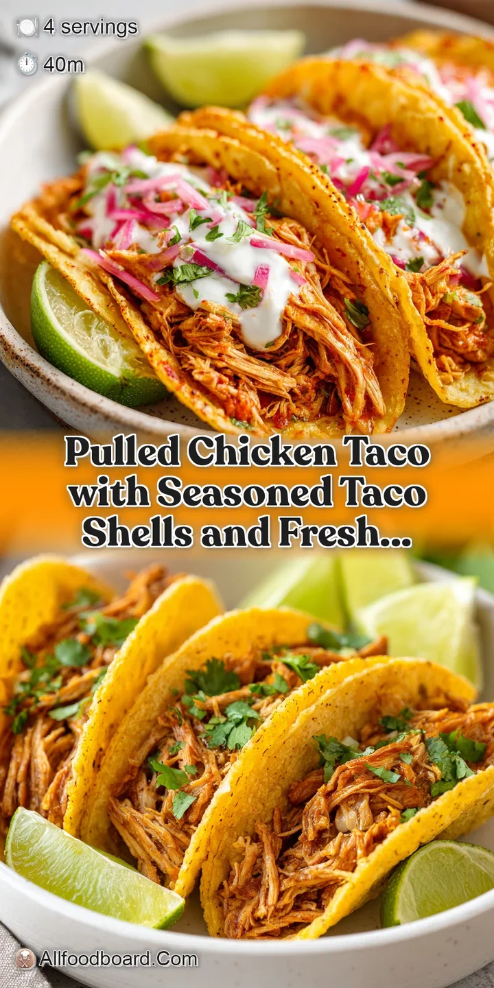 Juicy shredded chicken spilling from a golden taco shell, with a creamy avocado crema drizzle.