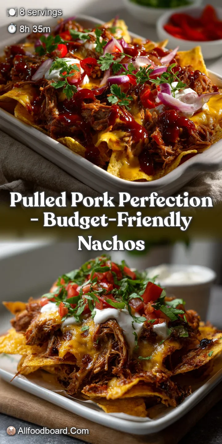 Close-up shot of juicy pulled pork strands, the dark meat contrasted by rivers of glistening, molten, golden-hued cheese.