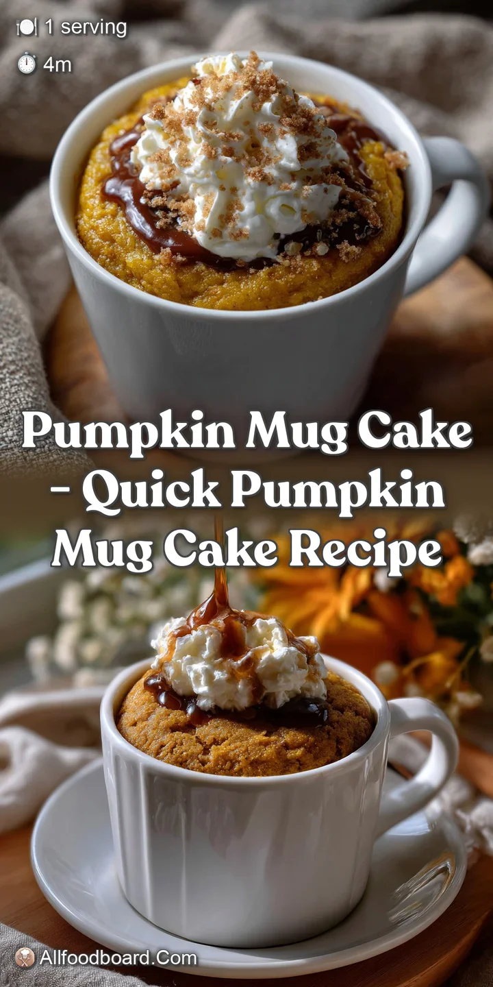 Warm, spiced pumpkin mug cake with a fluffy, tender crumb. Cinnamon and nutmeg aromas rise from a single-serving treat.