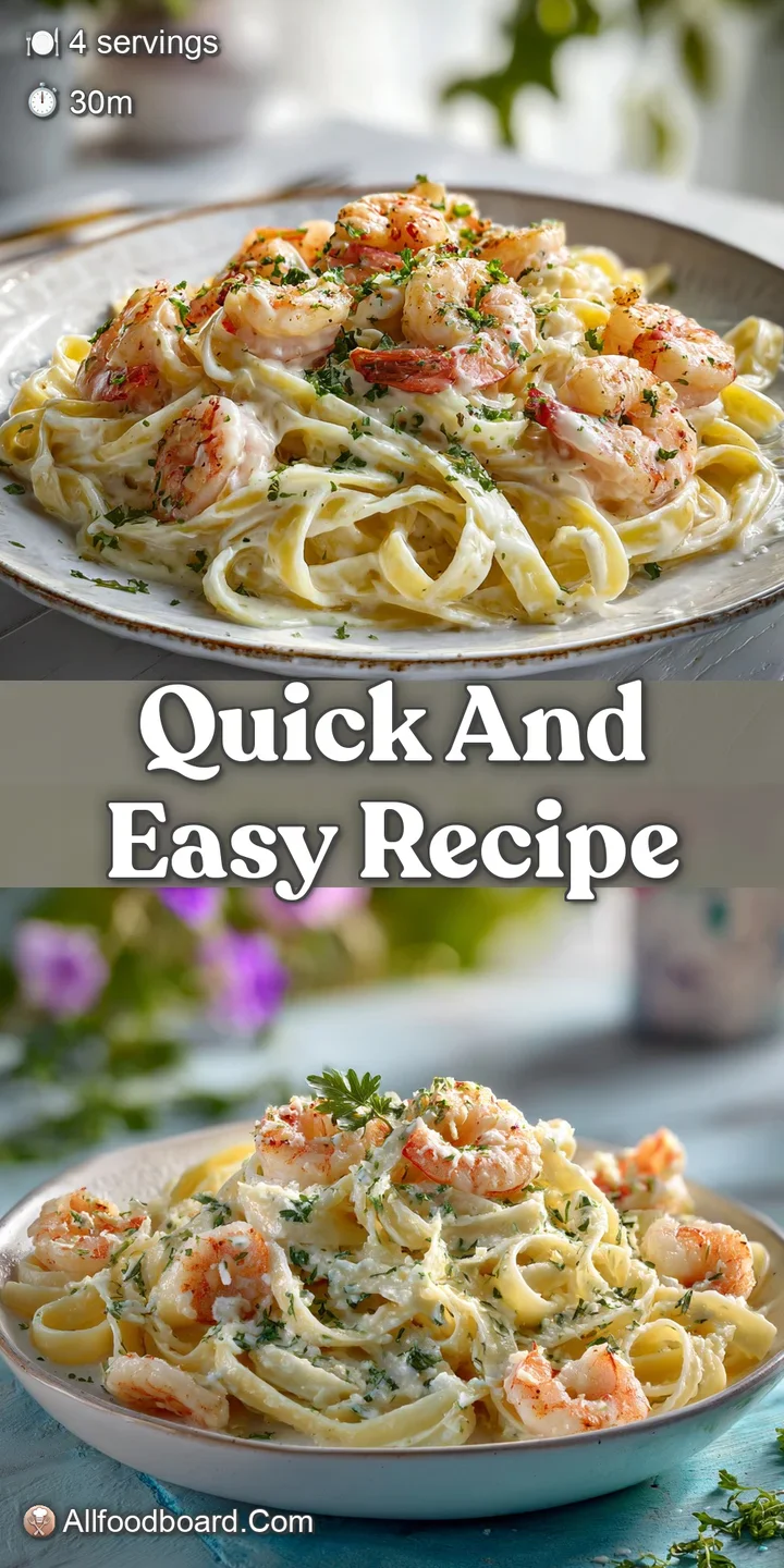 Close-up of alfredo-coated fettuccine, succulent shrimp, and flecks of fresh herbs creating a tempting, flavorful scene.